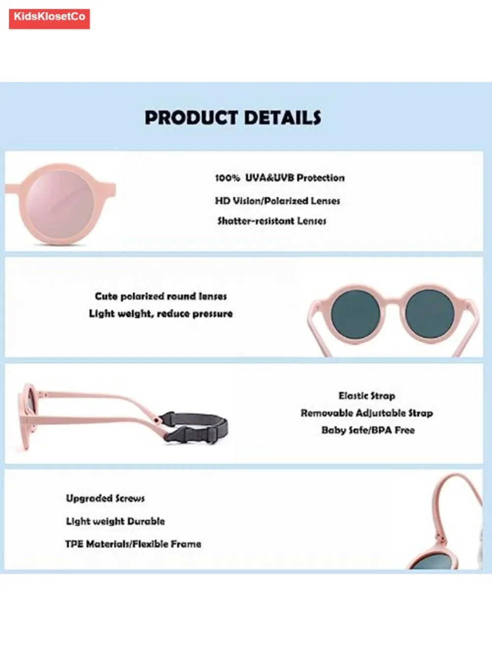 Polarized Round Sunglasses with Strap for Infant Boys Girls 0-24 Months
